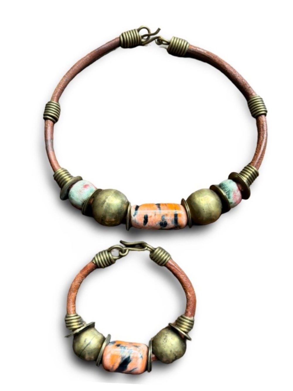 Vintage Handcrafted Leather & Bead Choker Necklace and Bracelet Set, [Small Set]